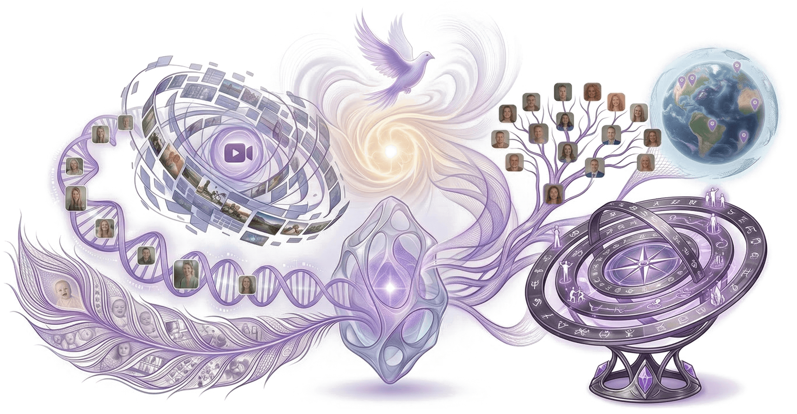 Artistic illustration of LifeScribe features — a photo gallery spiral, family tree, globe, timeline compass, and dove — symbolizing stories, legacy, and connection